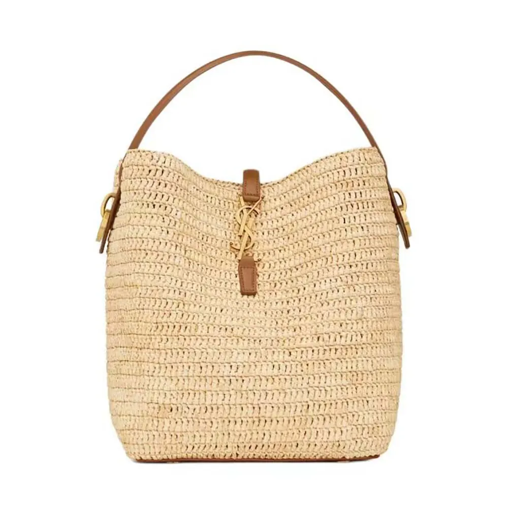 Front view of Saint Laurent YSL Women Le 37 Raffia Bucket Bag