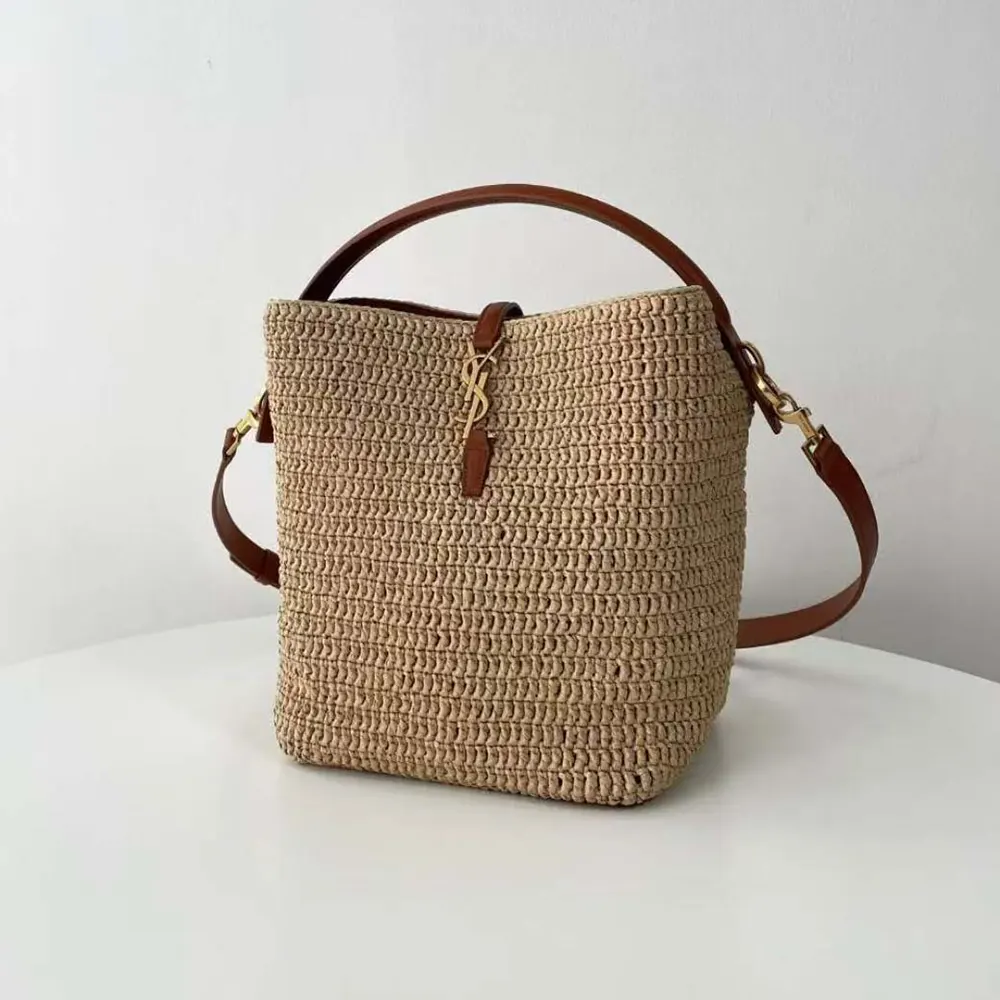 Saint Laurent YSL Women Le 37 Leather-trimmed Raffia Bucket Bag - image 4
