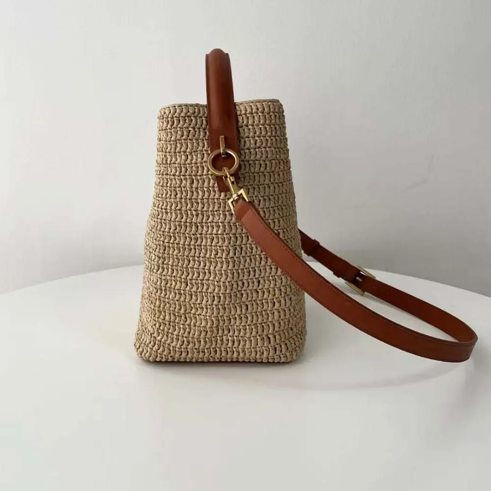 Saint Laurent YSL Women Le 37 Leather-trimmed Raffia Bucket Bag - image 6