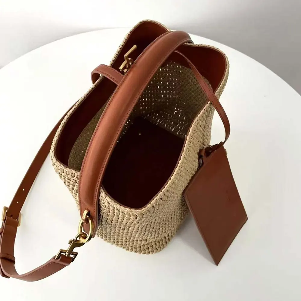 Saint Laurent YSL Women Le 37 Leather-trimmed Raffia Bucket Bag - image 8