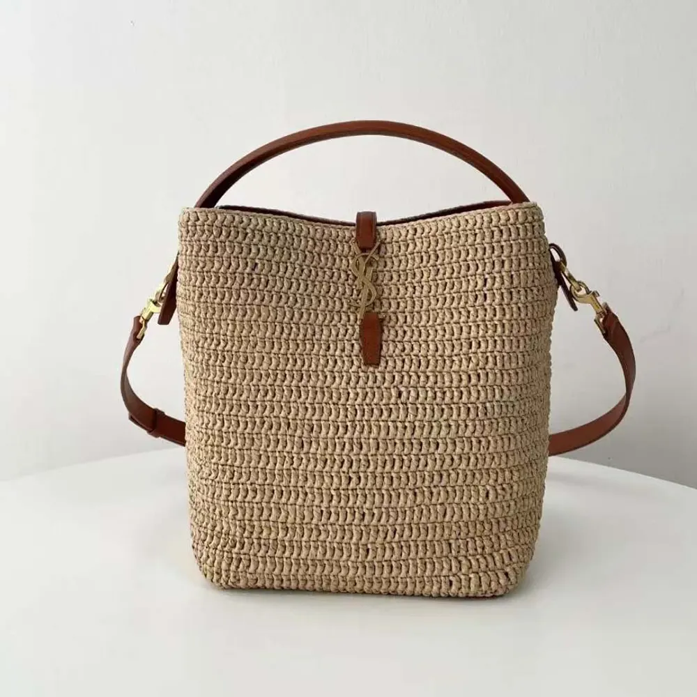 Saint Laurent YSL Women Le 37 Leather-trimmed Raffia Bucket Bag - image 5