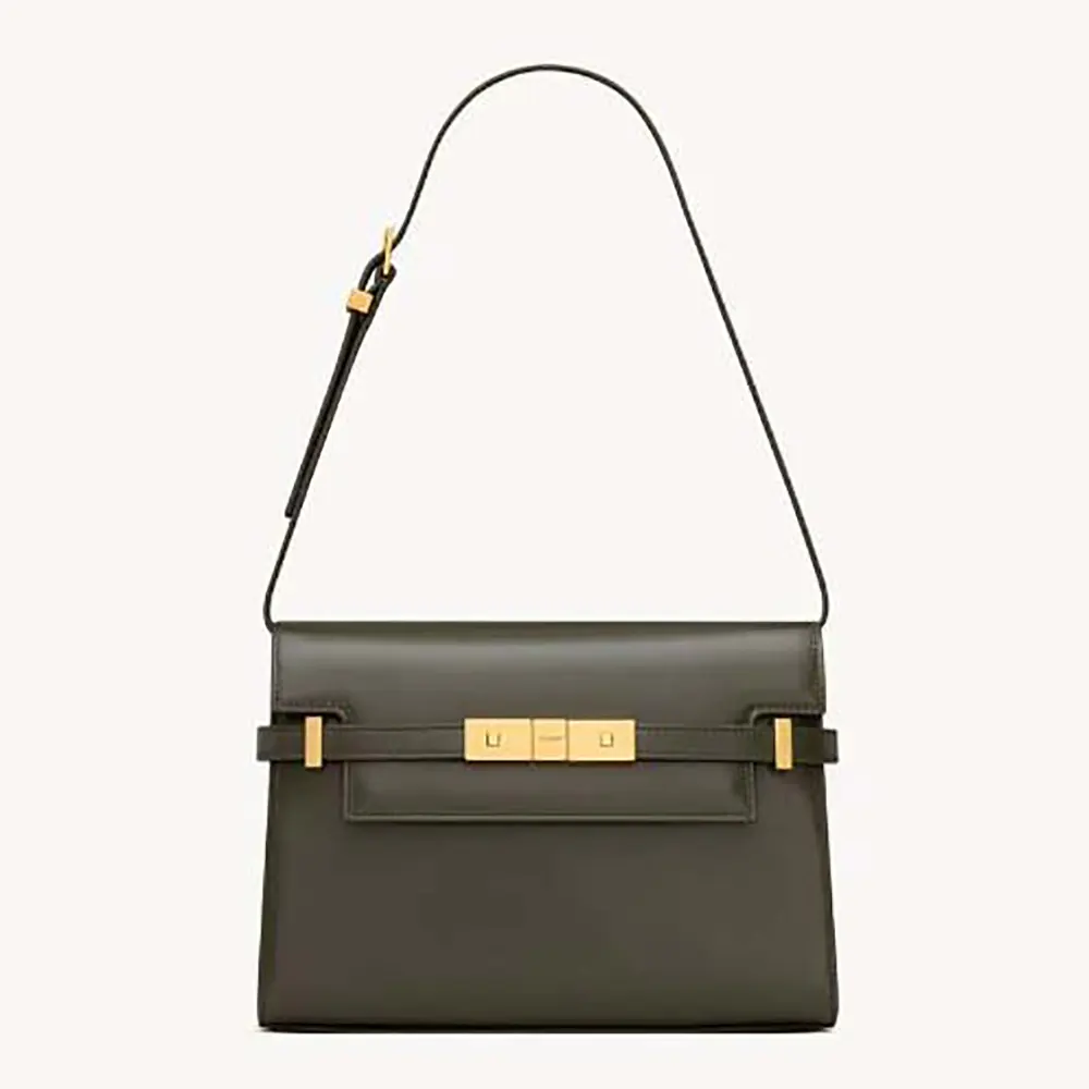 Front angle of Saint Laurent YSL Women Manhattan Small in Box Saint Laurent-Dark Green