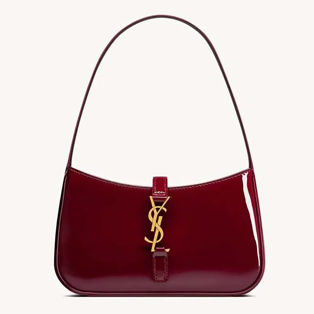 Front view of Saint Laurent YSL Women Mini Le 5 à 7 in burgundy patent leather