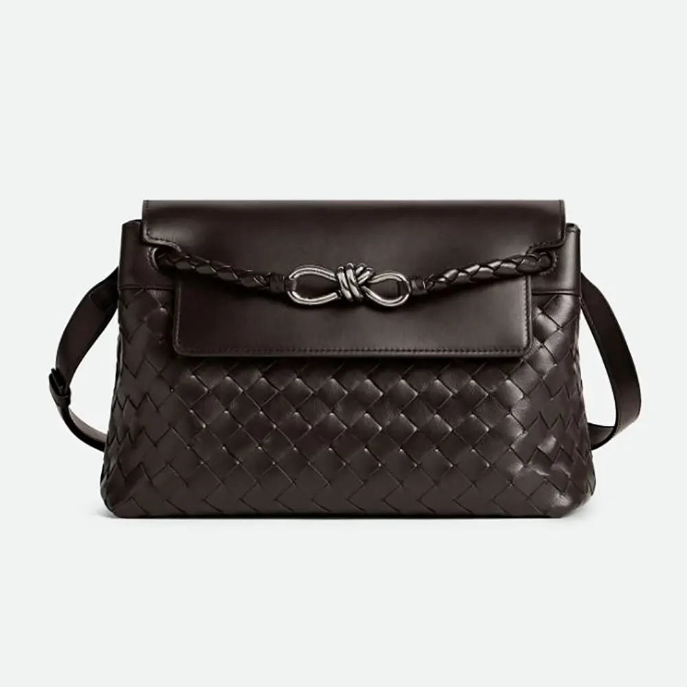 Front angle of Bottega Veneta Men Small Andiamo Messenger-Chocolate bag