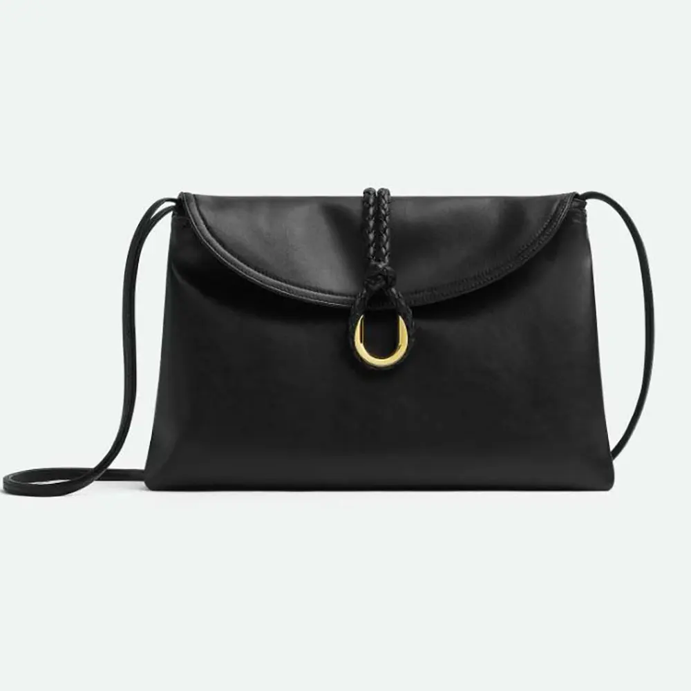 Front view of Bottega Veneta Women Liberta Cross-body Bag in smooth black calf leather