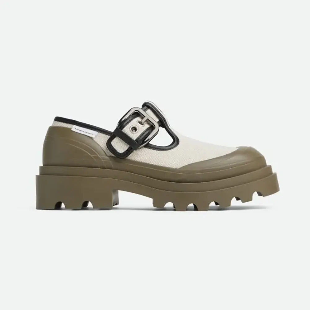 Side view of Bottega Veneta Women Trek Mary-Jane with Chunky Rubber Sole in dark green