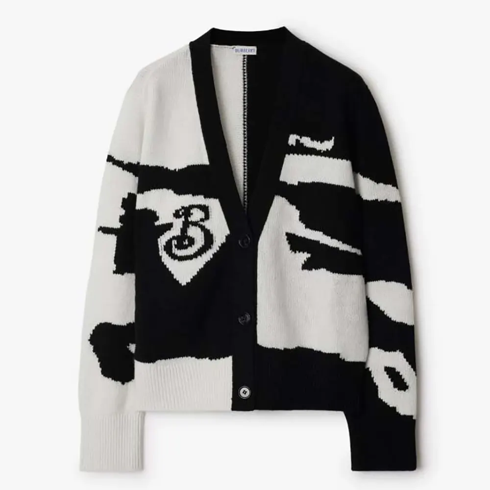 Front view of Burberry Men EKD Cashmere Cardigan in black