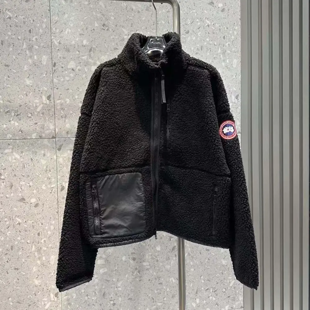 Close-up of zipper and fleece texture on Canada Goose Women Beige Simcoe Fleece Jacket-Black