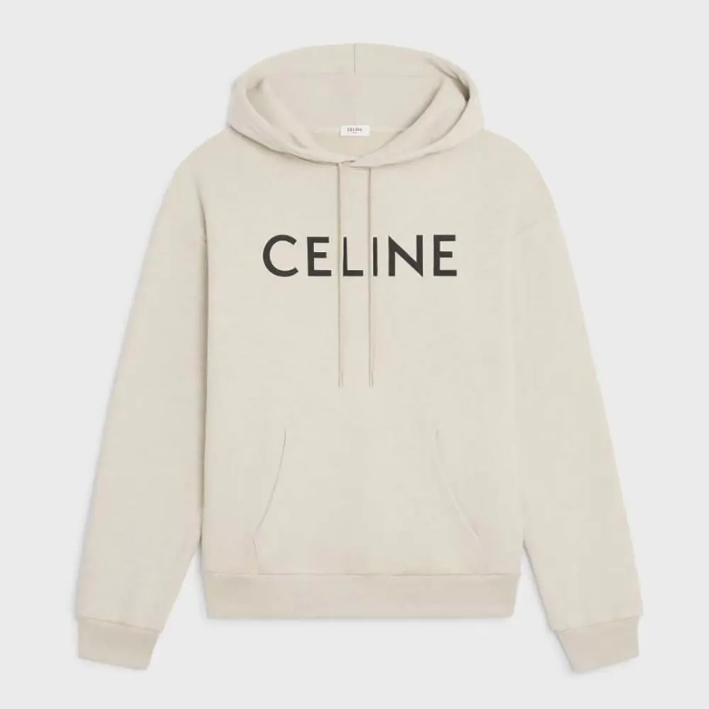 Front view of Celine Men Loose Hoodie in beige cotton fleece