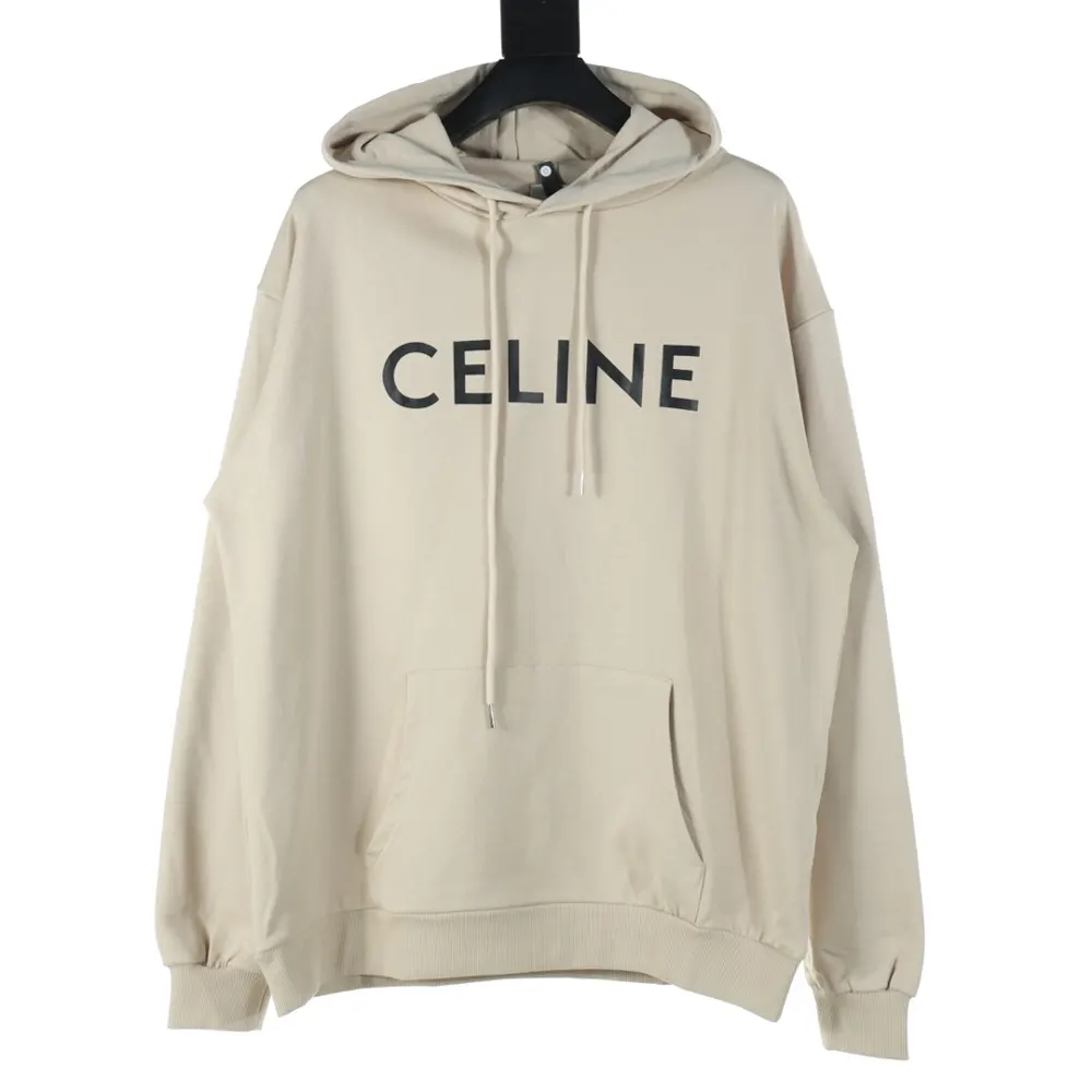 Close-up of Celine Men Loose Hoodie drawstring and logo embroidery