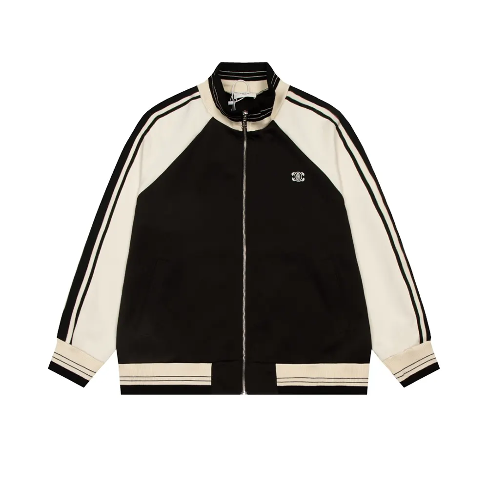 Close-up of Celine branded zipper on tracksuit jacket black fabric