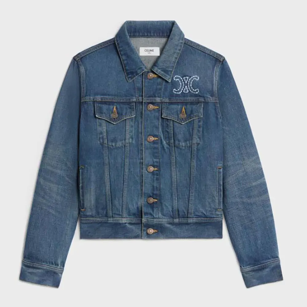 Front view of Celine Women Trucker Jacket in Dark Union Wash Denim