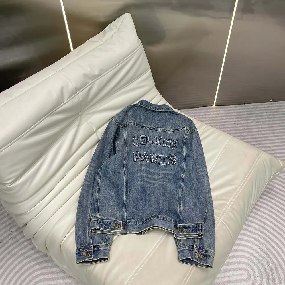 Side profile highlighting silhouette of Celine Women Trucker Jacket navy denim