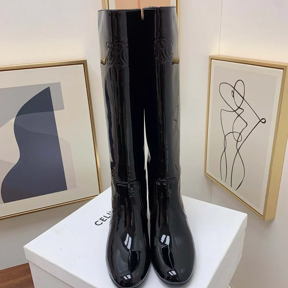 Celine Women Les Bottes Celine Triomphe High Boot in Patent Calfskin-Black - image 8