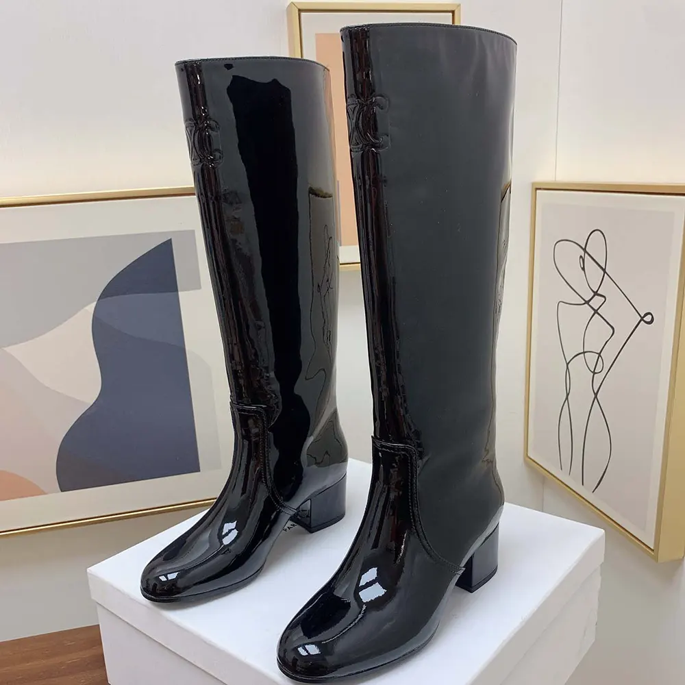Celine Women Les Bottes Celine Triomphe High Boot in Patent Calfskin-Black - image 4
