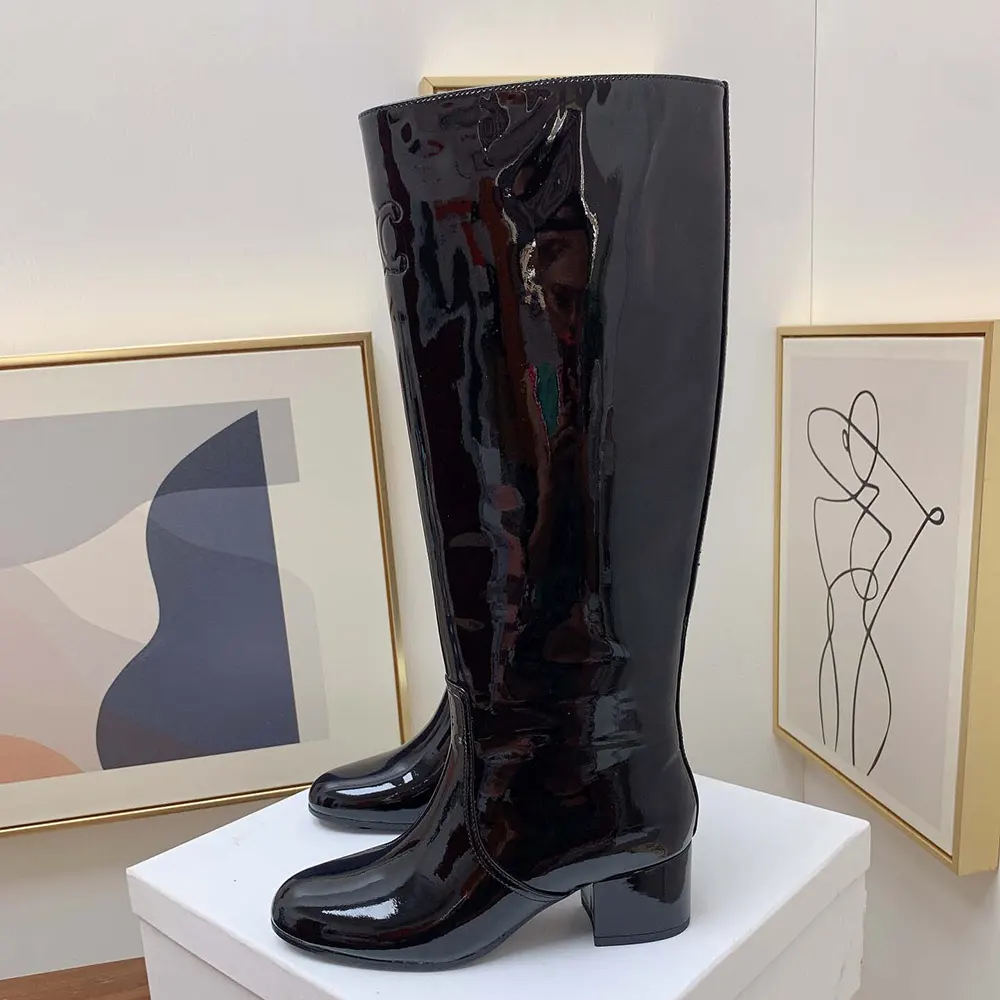 Celine Women Les Bottes Celine Triomphe High Boot in Patent Calfskin-Black - image 7