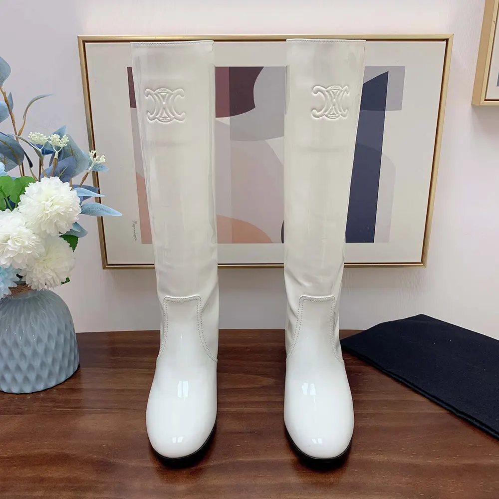 Celine Women Les Bottes Celine Triomphe High Boot in Patent Calfskin-White - image 4