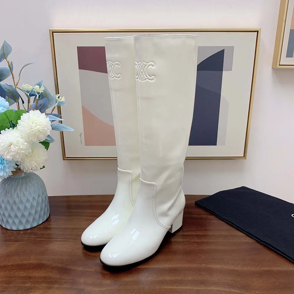 Celine Women Les Bottes Celine Triomphe High Boot in Patent Calfskin-White - image 6