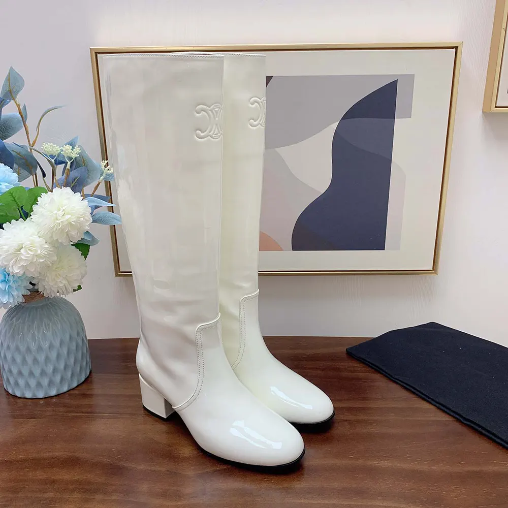 Celine Women Les Bottes Celine Triomphe High Boot in Patent Calfskin-White - image 5