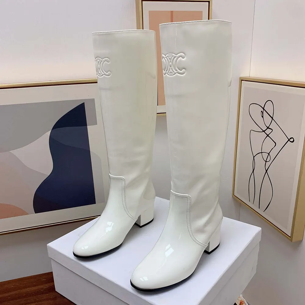 Celine Women Les Bottes Celine Triomphe High Boot in Patent Calfskin-White - image 7