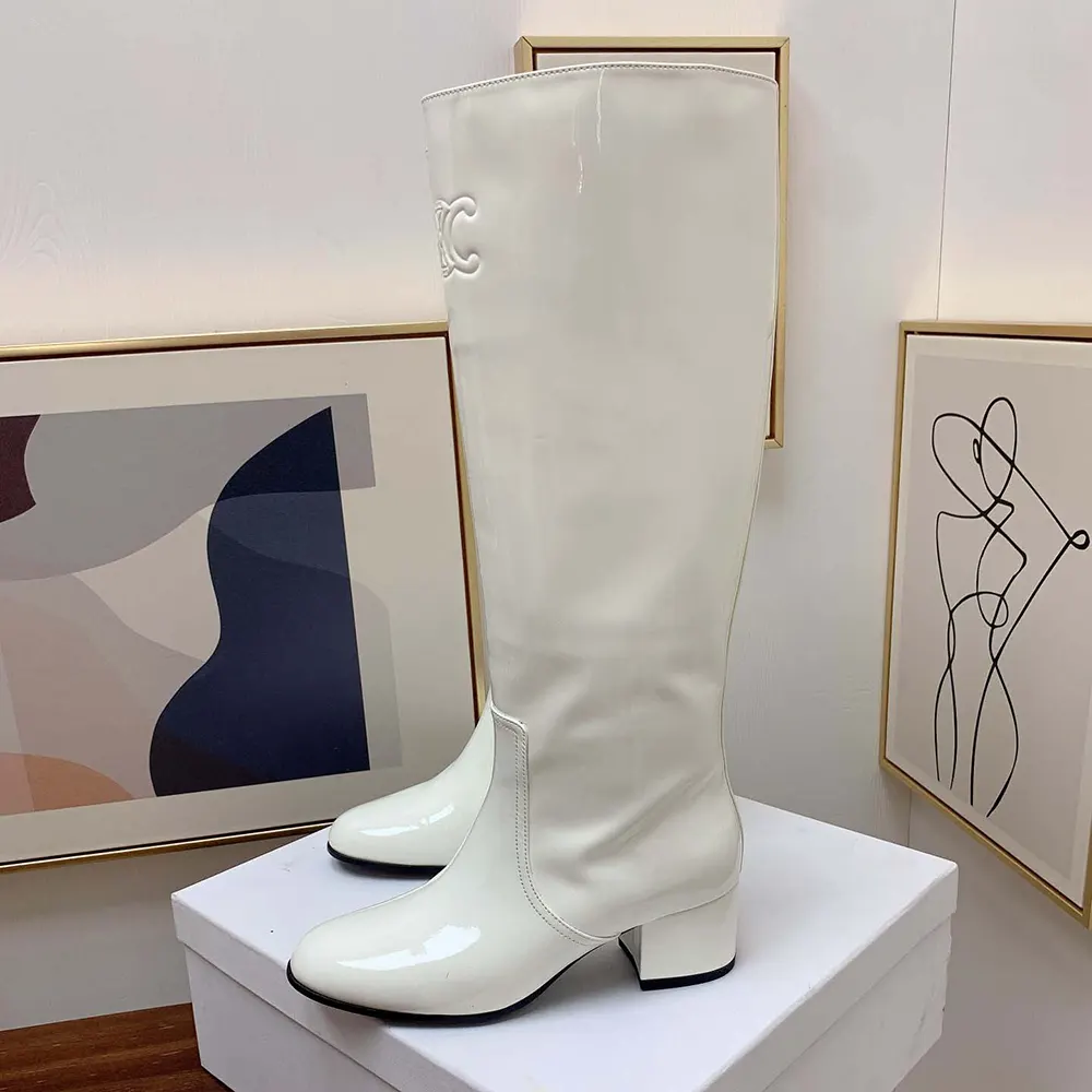 Celine Women Les Bottes Celine Triomphe High Boot in Patent Calfskin-White - image 8