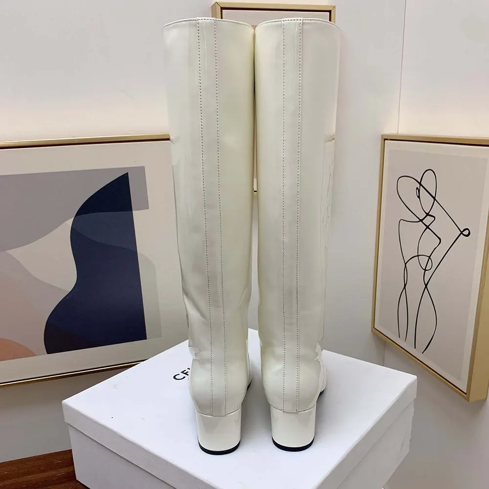 Celine Women Les Bottes Celine Triomphe High Boot in Patent Calfskin-White - image 9