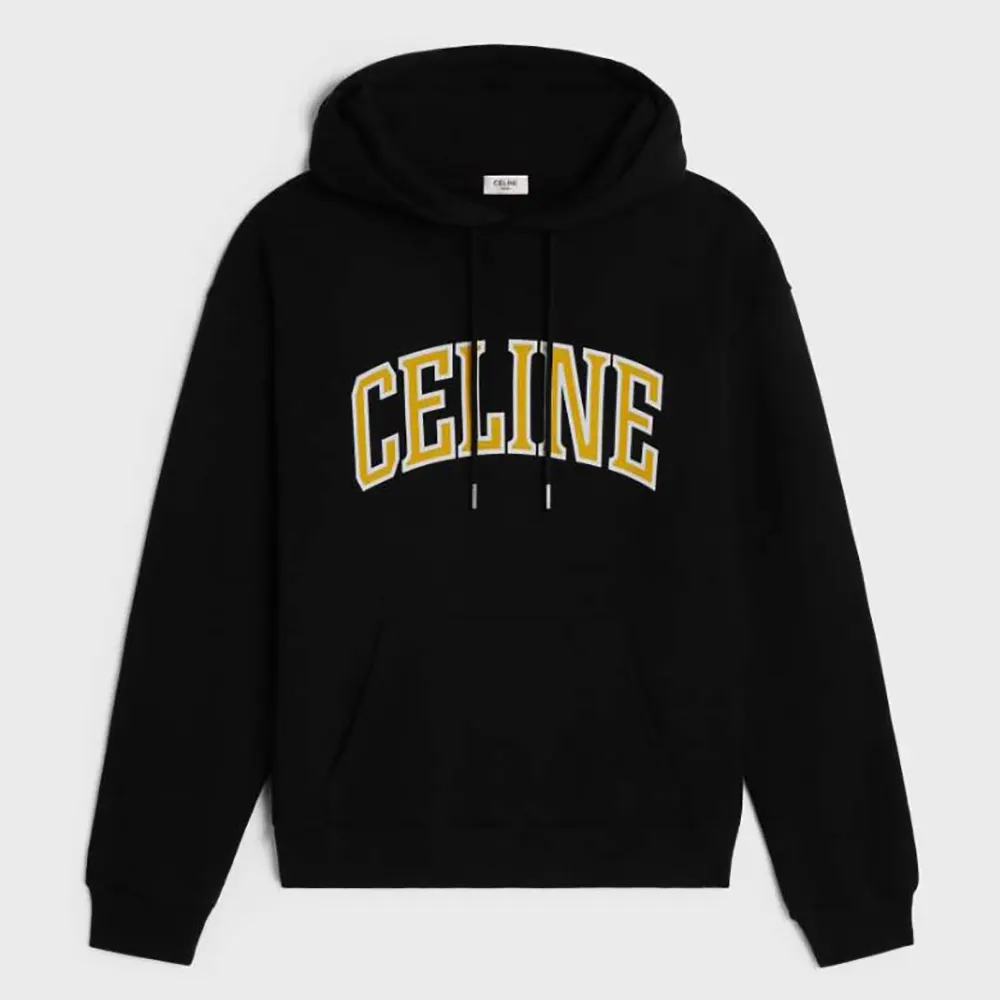 Front view of Celine Men Loose Hoodie in Cotton Fleece black