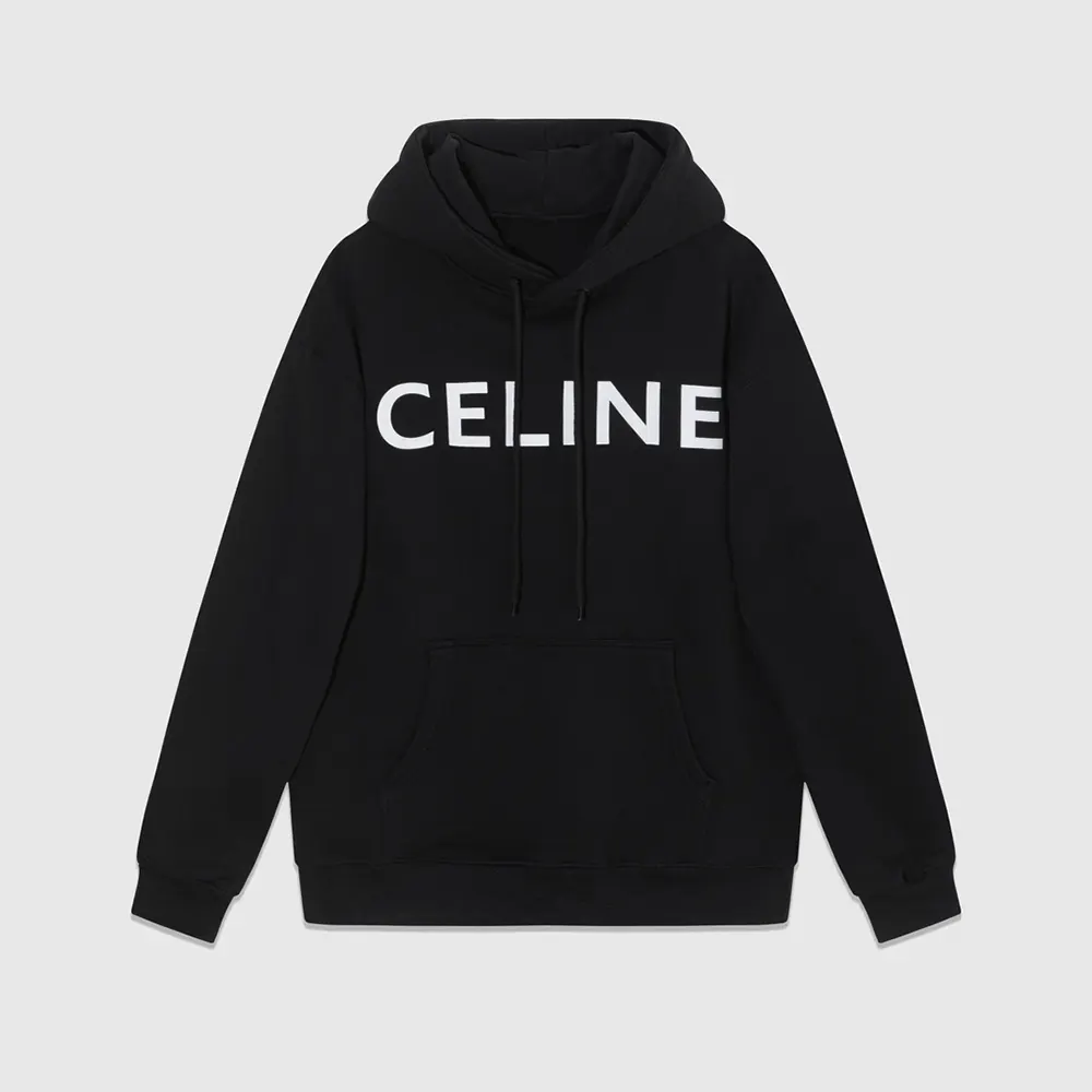 Close-up of Celine logo embroidery on black cotton fleece hoodie