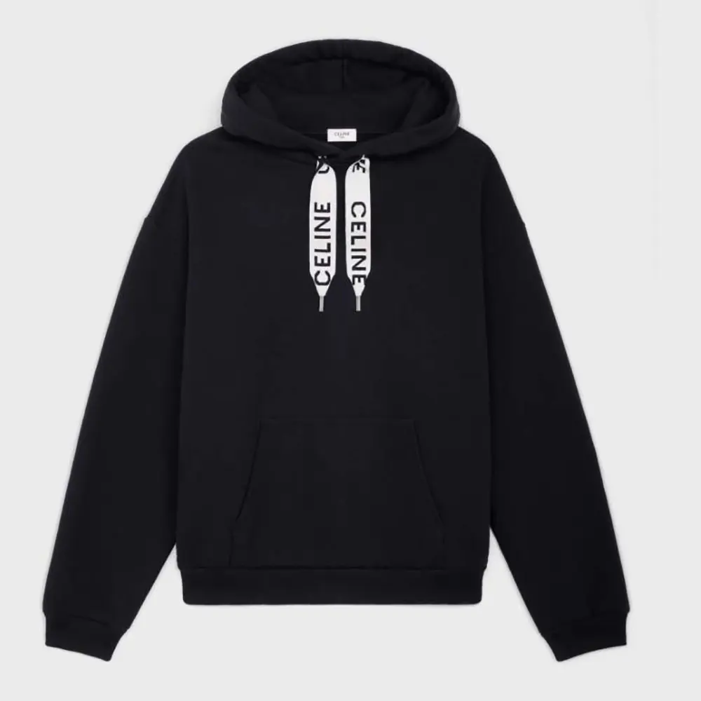 Front view of Celine Men Loose Hoodie in Cotton Fleece-Black on model