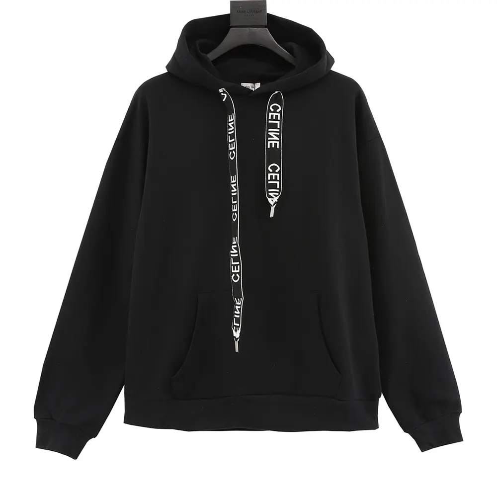 Close-up of black cotton fleece texture and Celine logo on hoodie cuff