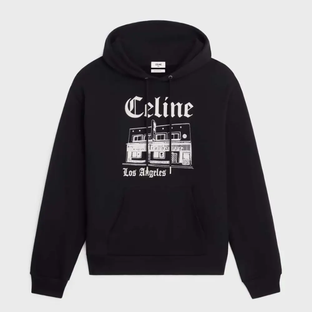 Front view of Celine Women Troubadour Loose Hoodie in Cotton Fleece-Black
