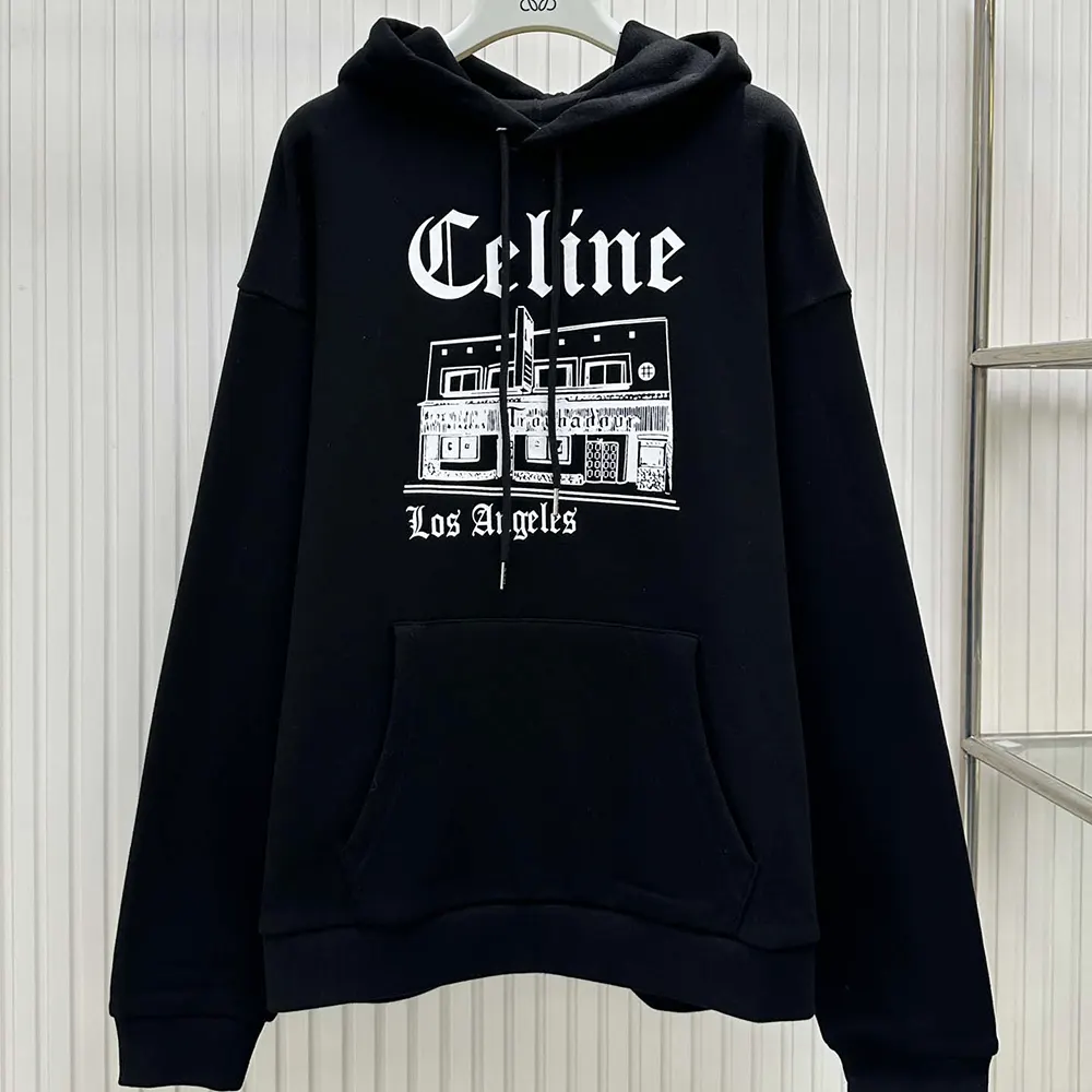 Close-up of black cotton fleece texture on Celine Women Troubadour Loose Hoodie