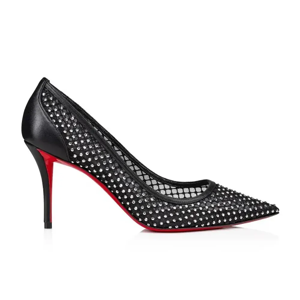 Side view of Christian Louboutin Women Apostropha Mesh Strass 80mm Pumps-Black