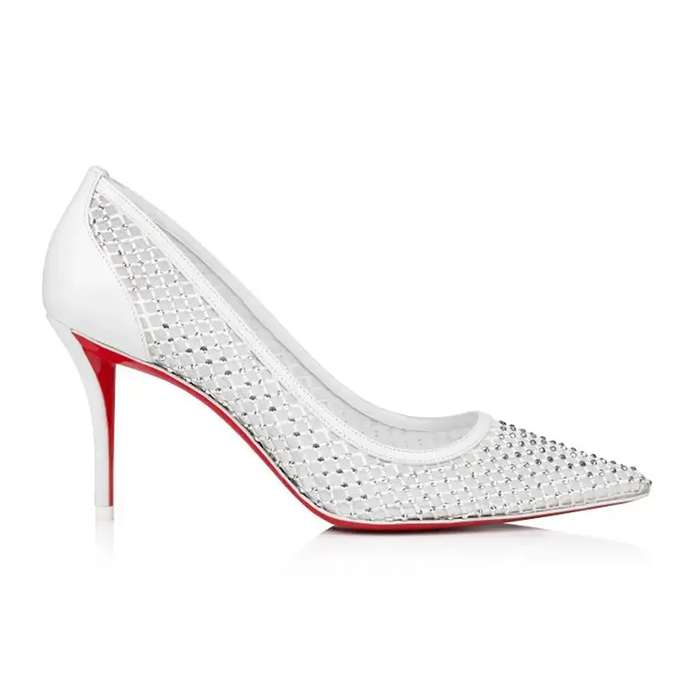 Side angle of Christian Louboutin Women Apostropha Mesh Strass 80mm Pumps-White