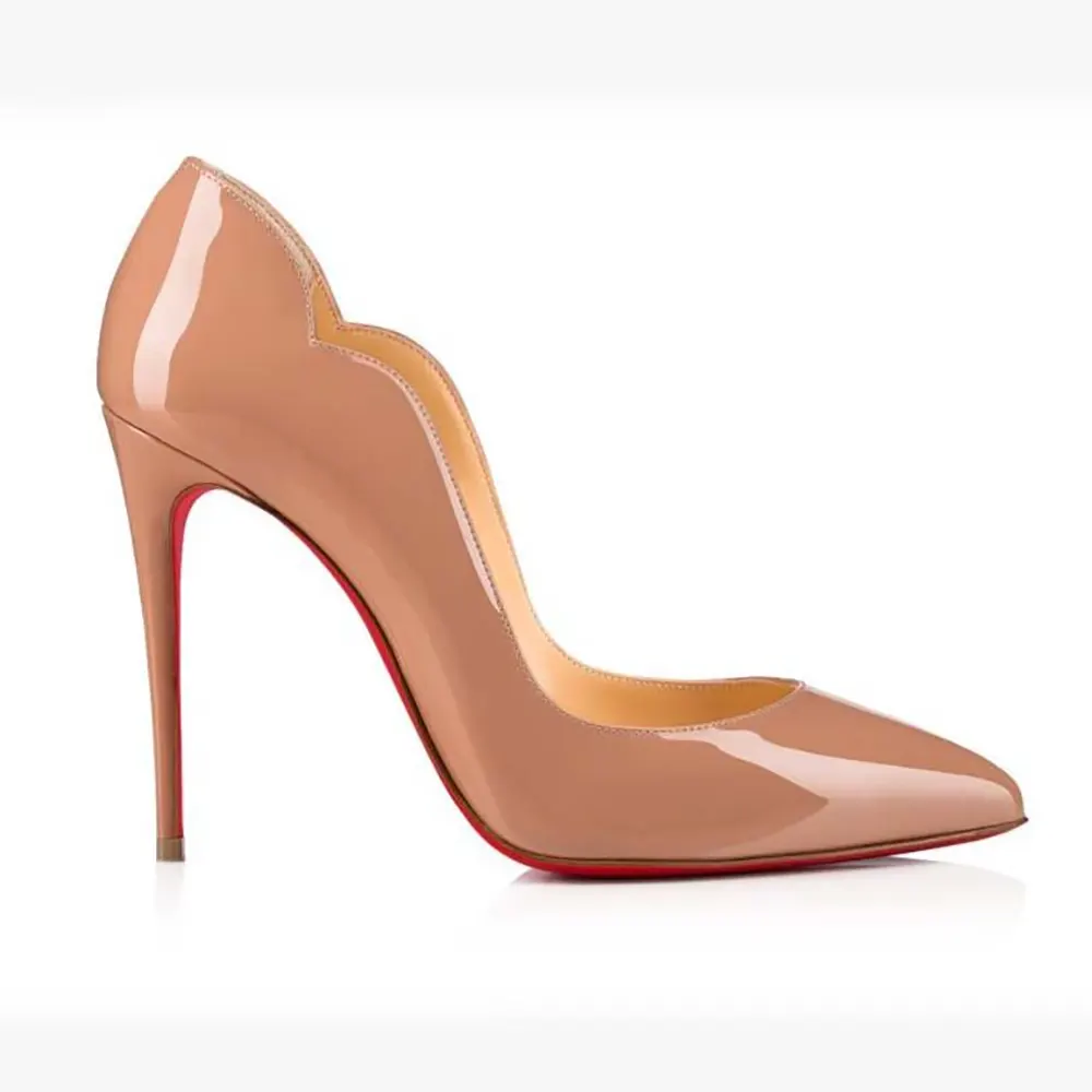 Side view of Christian Louboutin Women Hot Chick 100 mm Pumps Patent Calf Leather Beige