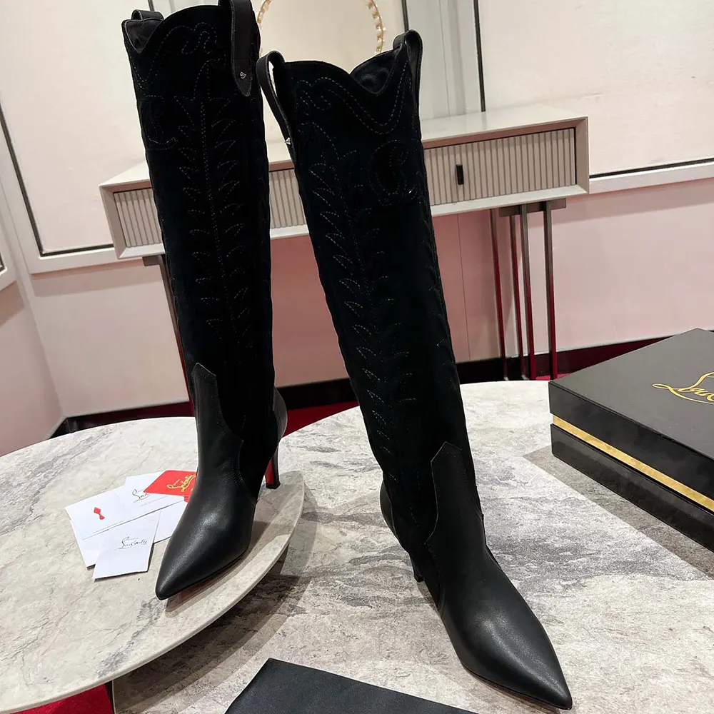 Detail of signature red sole and gold hardware on Santia Botta boots