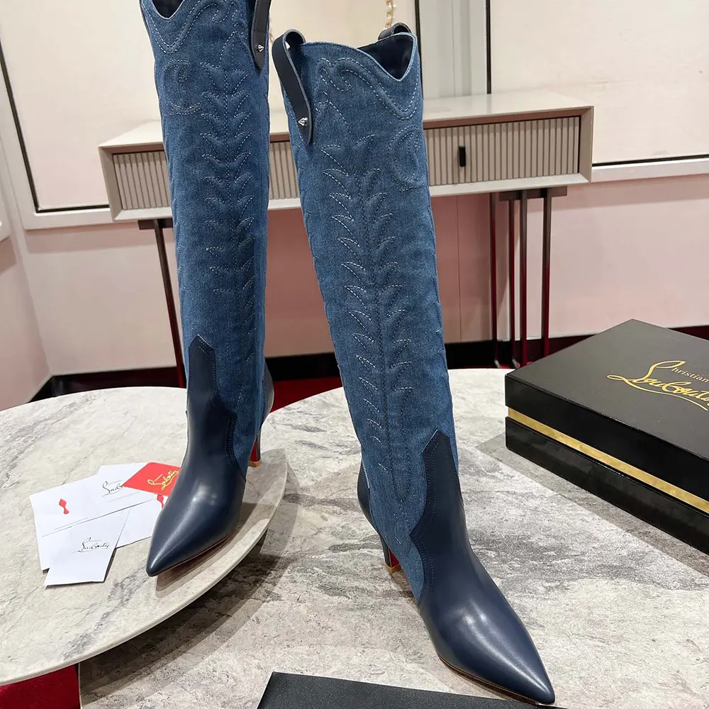 Front angle showing denim and nappa leather contrast on Santia Botta boots