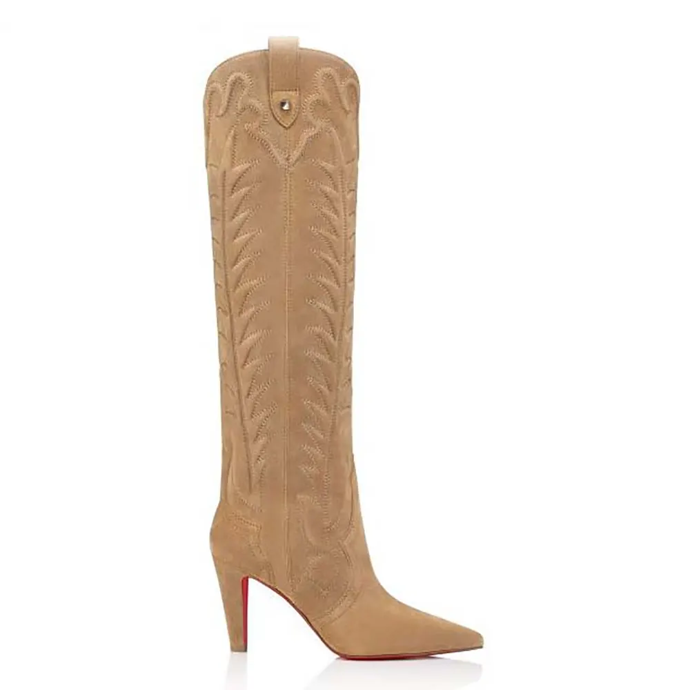 Side view of Christian Louboutin Women Santia Botta 85 mm Boots Veau Velours in sandy suede