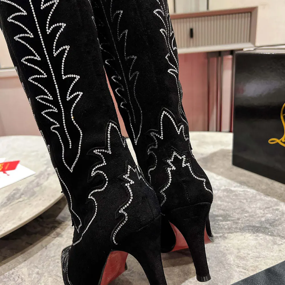 Christian Louboutin Women Santia Botta Strass 85 mm Low Boots Veau Velours and Strass-Black - image 8