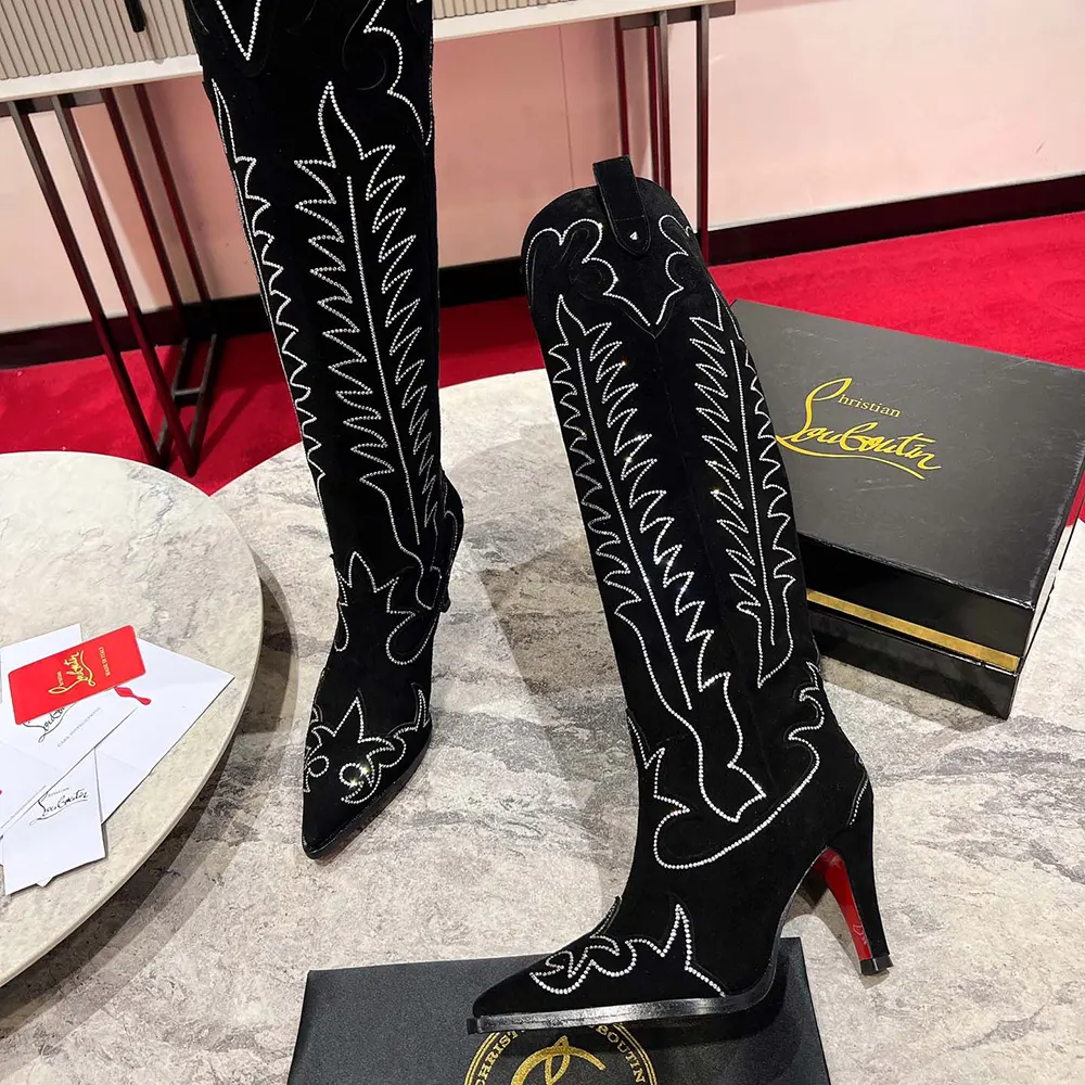 Christian Louboutin Women Santia Botta Strass 85 mm Low Boots Veau Velours and Strass-Black - image 5
