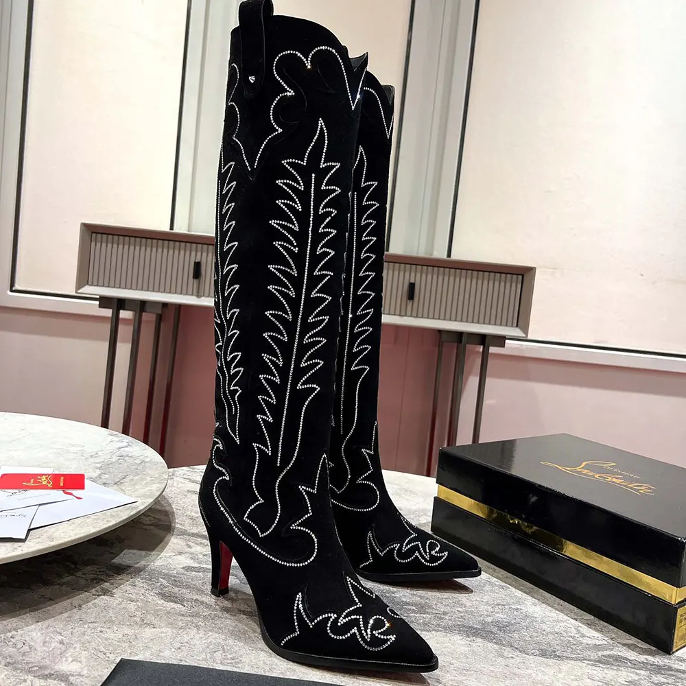 Christian Louboutin Women Santia Botta Strass 85 mm Low Boots Veau Velours and Strass-Black - image 4