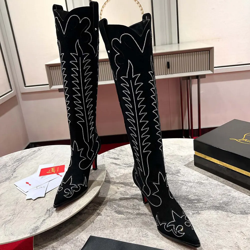 Overhead view showing velvet texture and red sole of Santia Botta Strass boots