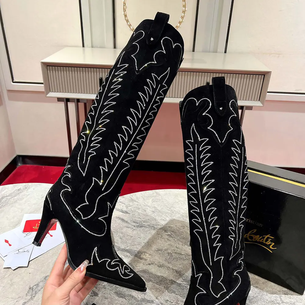 Christian Louboutin Women Santia Botta Strass 85 mm Low Boots Veau Velours and Strass-Black - image 6