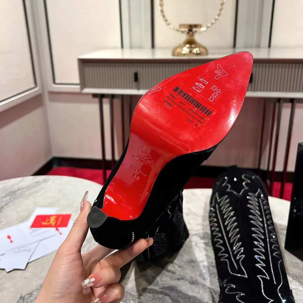 Christian Louboutin Women Santia Botta Strass 85 mm Low Boots Veau Velours and Strass-Black - image 10