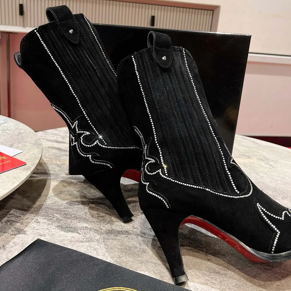 Christian Louboutin Women Santigag Strass 85 mm Low Boots Veau Velours and Strass-Black - image 9