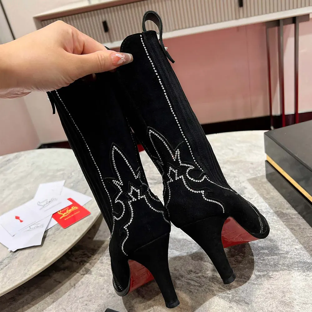 Christian Louboutin Women Santigag Strass 85 mm Low Boots Veau Velours and Strass-Black - image 7