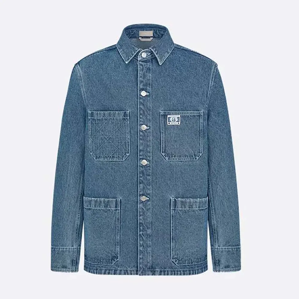 Front view of Dior Men Charm Overshirt Blue Cotton Twill with button closure