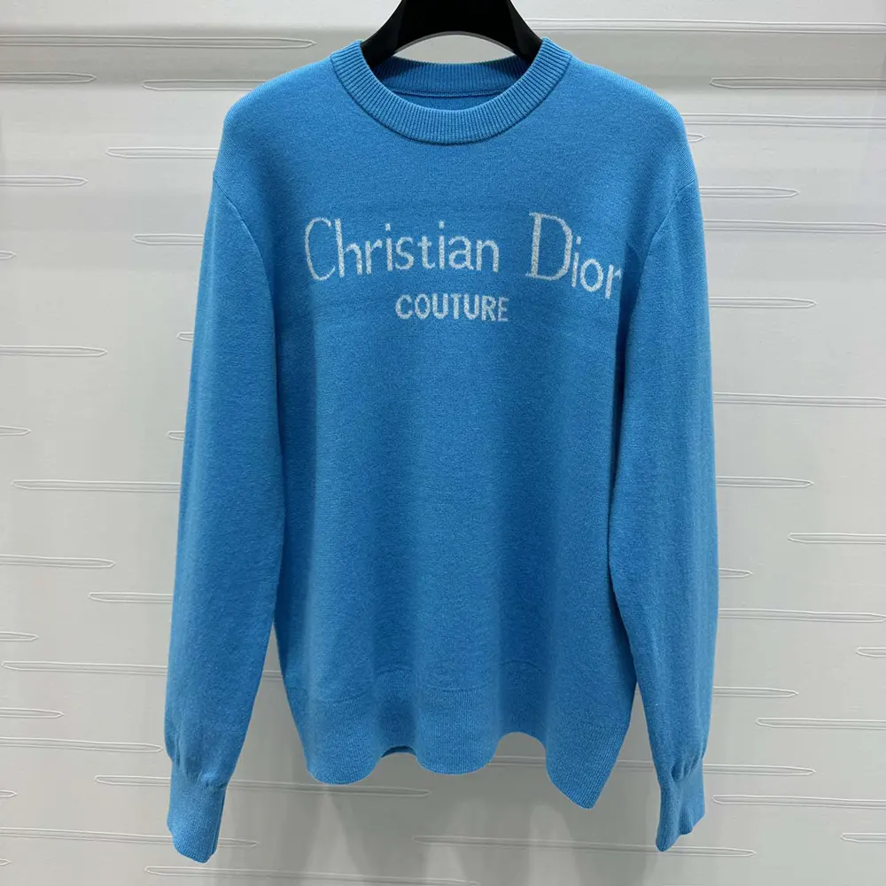 Close-up detail of Dior embroidery on Blue Wool Blend sweater