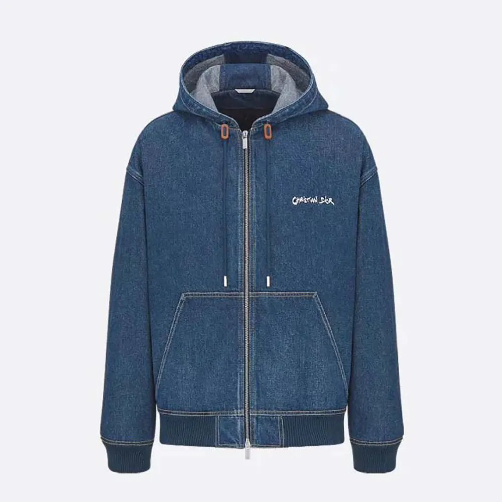Front view of Dior Men Christian Dior Tag Hooded Jacket Blue Cotton Denim