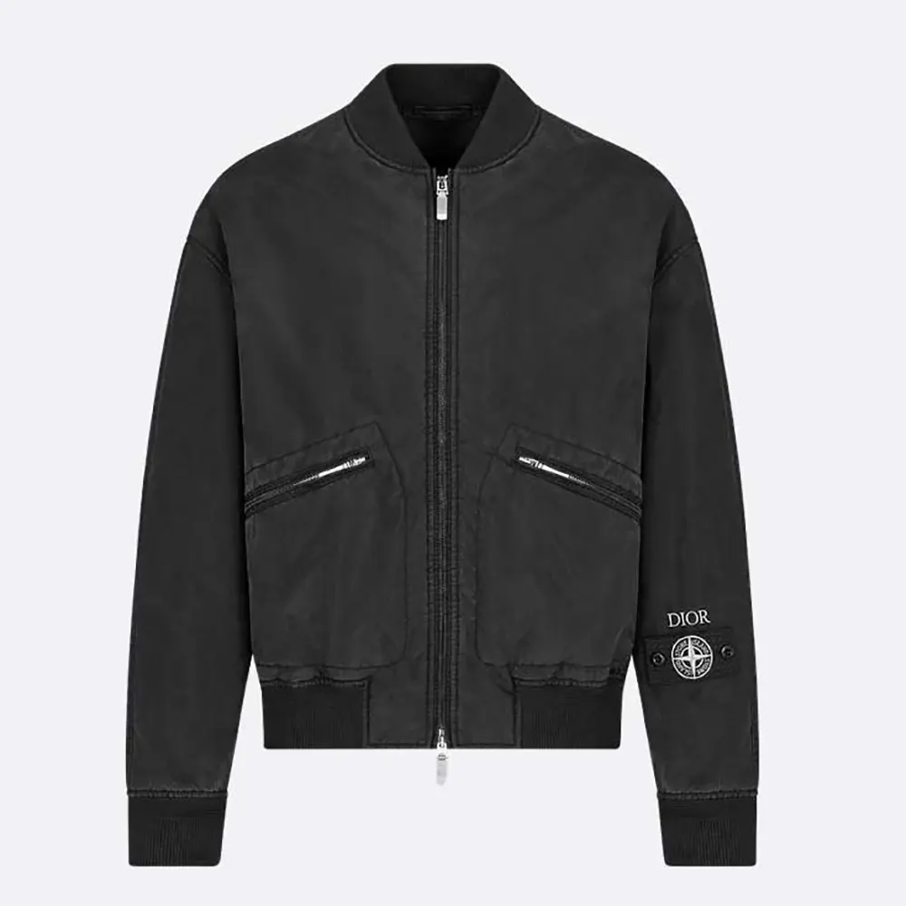 Front angle of Dior Men DIOR AND STONE ISLAND Bomber Jacket Black Habotai Silk Blend